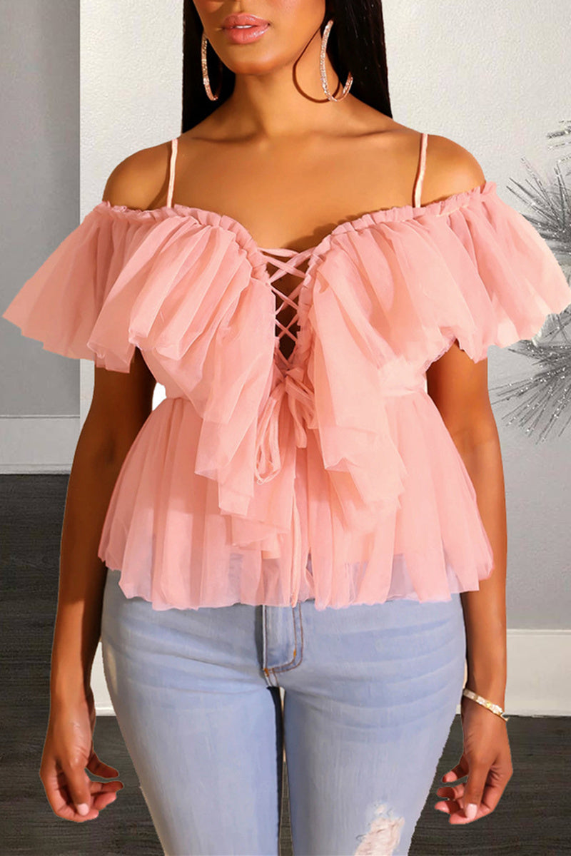 [Pre-Sale] Plus Size Casual Solid Cold Shoulder Lace Up Mesh Stitching Summer Top - Fashionaviv-Shirts & Blouses-[product_label]