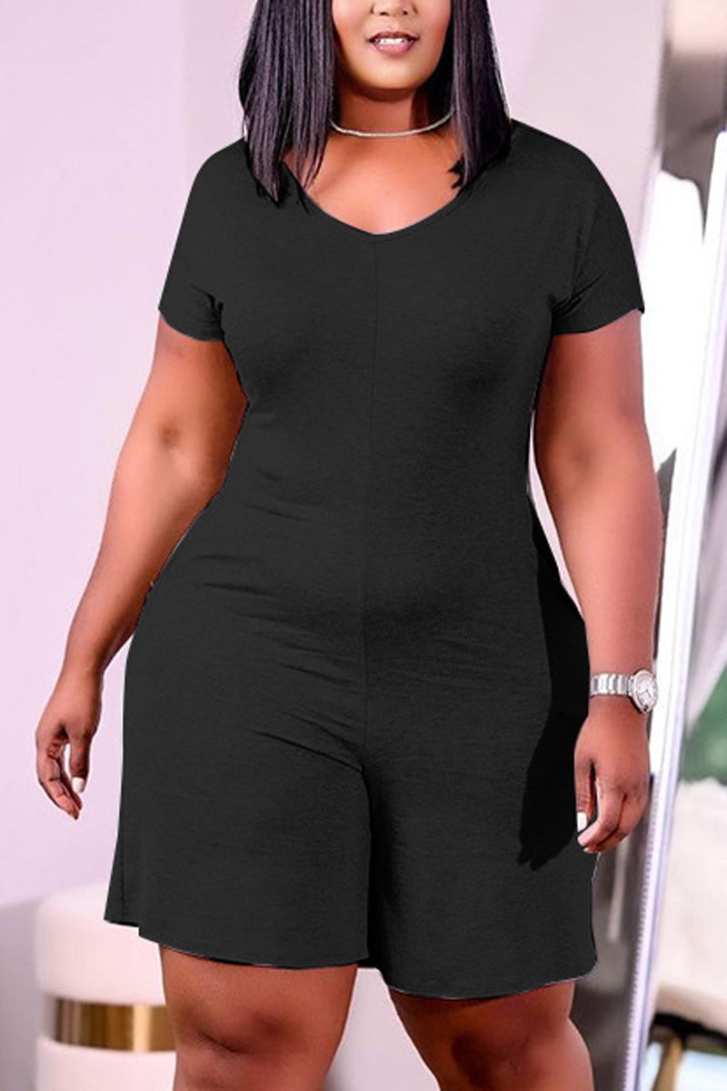 Plus Size Casual Solid V Neck Short Sleeve Rompers - Fashionaviv-Jumpsuits + Rompers-[product_label]