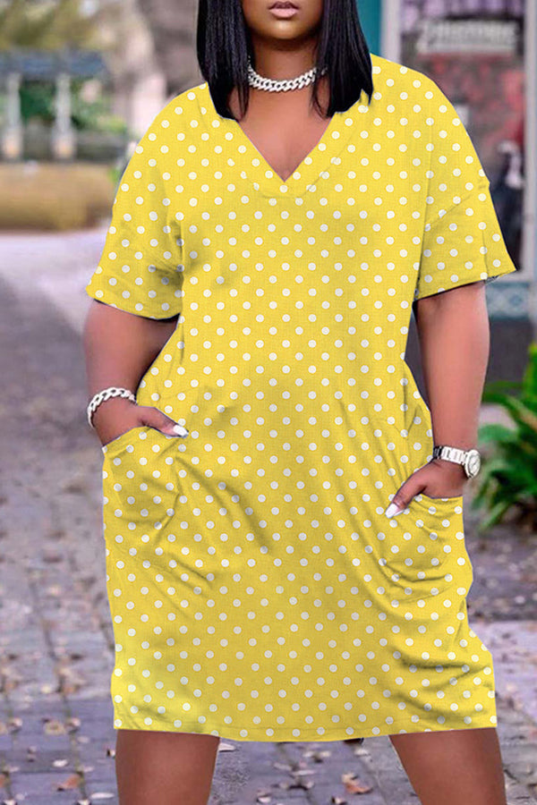 Fashion Polka Dot Print Loose Casual Plus Size Midi Dress