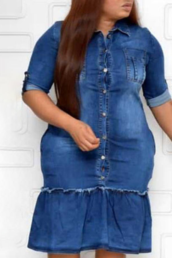 Plus Size Ruffled Single-Breasted Pocket Washed Denim Midi Dress