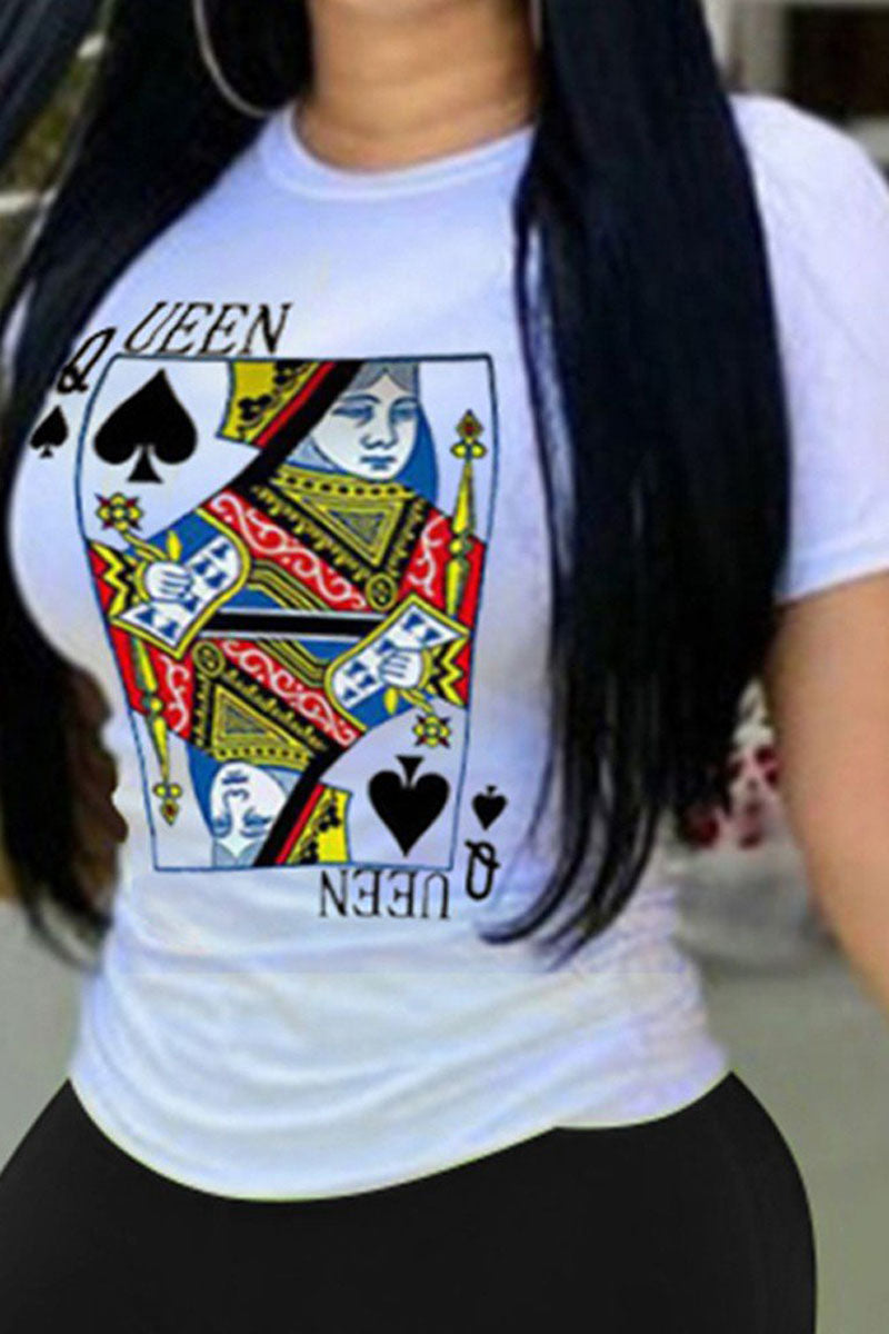 Plus Size Poker Queen Print Round Neck Short Sleeve T Shirt - Fashionaviv-T-shirts-[product_label]